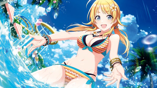 Anime picture 1840x1036 with idolmaster idolmaster shiny colors hachimiya meguru tomari (veryberry00) single long hair looking at viewer highres breasts open mouth blue eyes light erotic blonde hair wide image large breasts twintails sky cloud (clouds) :d official art