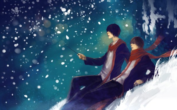 Anime picture 1280x800 with harry potter sirius black remus lupin kiyoshi shin short hair black hair brown hair wide image lying snowing winter snow reclining hair over eyes boy scarf wand