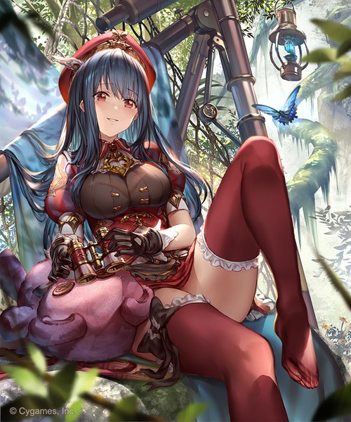 Anime picture 750x900 with shingeki no bahamut 77gl single long hair tall image looking at viewer fringe breasts light erotic black hair smile red eyes sitting holding bent knee (knees) outdoors parted lips no shoes puffy sleeves leg lift (legs lift)
