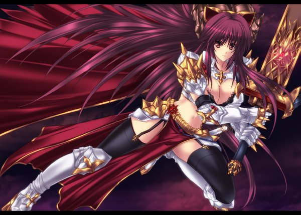 Anime picture 1279x915 with ragnarok online rune knight (ragnarok online) juri (shiningred) single long hair breasts light erotic red eyes red hair midriff girl thighhighs navel weapon black thighhighs sword armor garter straps cape spaulder (spaulders)