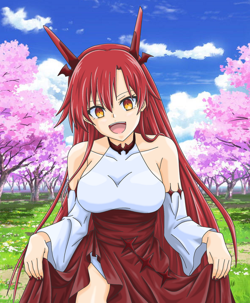 Anime picture 988x1200 with yuusha party wo tsuihou sareta beast tamer saikyoushu no nekomimi shoujo to deau tania (beast tamer) tk (0000231) single long hair tall image looking at viewer fringe breasts open mouth light erotic smile hair between eyes large breasts bare shoulders yellow eyes sky cloud (clouds) outdoors red hair