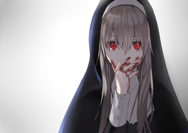 Anime picture 1748x1240 with original hieung single long hair looking at viewer fringe highres simple background hair between eyes red eyes brown hair upper body grey background hand on face blood on face nun girl blood habit