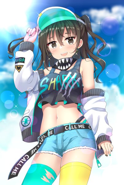 Anime picture 1003x1487 with idolmaster idolmaster cinderella girls idolmaster cinderella girls starlight stage sunazuka akira yoshikita popuri single long hair tall image looking at viewer blush fringe breasts open mouth black hair smile large breasts standing bare shoulders sky cloud (clouds)