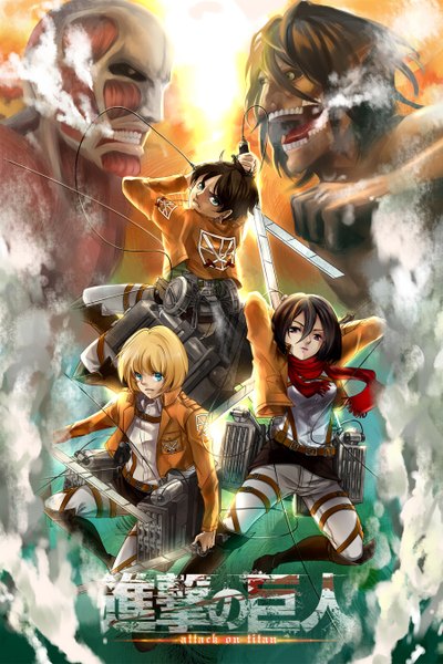 Anime picture 900x1350 with shingeki no kyojin production i.g mikasa ackerman eren yaeger armin arlert bertolt hoover rogue titan colossal titan lucidsky tall image short hair open mouth blue eyes black hair blonde hair red eyes holding green eyes light smile lips