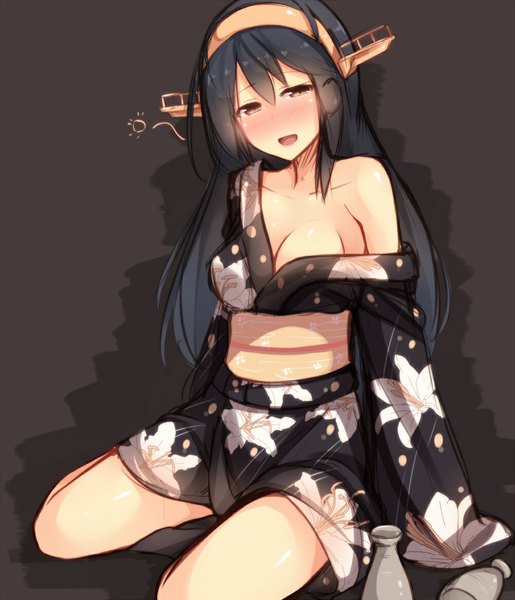 Anime picture 1000x1165 with kantai collection haruna battleship hiiragi hajime single long hair tall image blush fringe open mouth light erotic black hair sitting brown eyes looking away cleavage traditional clothes japanese clothes off shoulder no bra shadow