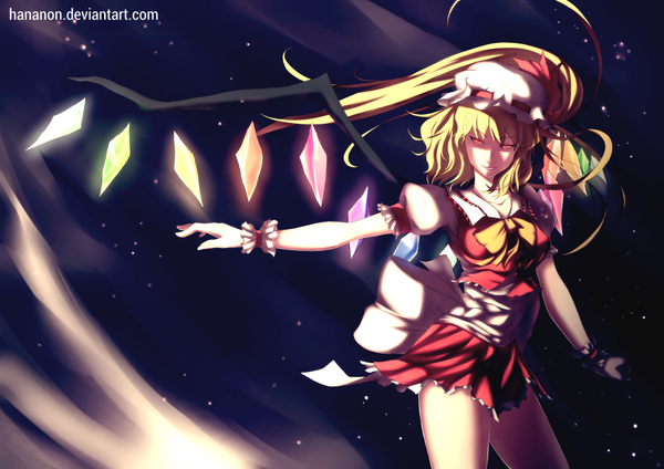 Anime picture 1052x744 with touhou flandre scarlet hananon single long hair looking at viewer fringe breasts blonde hair smile red eyes girl dress skirt bow wings headdress skirt set