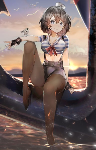 Anime picture 1046x1638 with original teddy (khanshin) single tall image looking at viewer blush fringe short hair breasts blue eyes black hair smile hair between eyes large breasts sitting sky cleavage cloud (clouds) arm support short sleeves