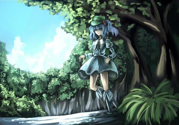 Anime picture 1030x720 with touhou kawashiro nitori paseri single short hair twintails blue hair sky aqua eyes girl hat tree (trees) water forest