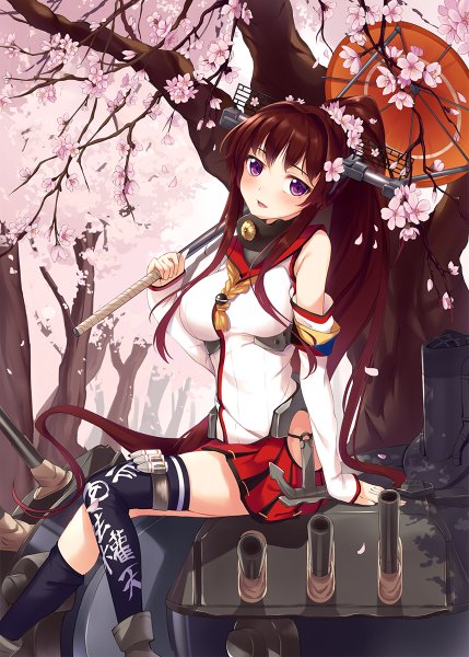 Anime picture 858x1200 with kantai collection yamato super battleship yaguo long hair tall image looking at viewer blush open mouth brown hair sitting purple eyes ponytail cherry blossoms girl thighhighs flower (flowers) weapon plant (plants) detached sleeves petals