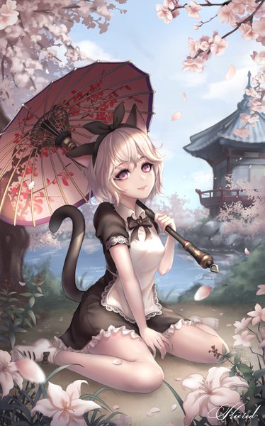 Anime picture 1871x3000 with blade & soul lyn (blade & soul) kie (wylee2212) single tall image looking at viewer fringe highres short hair smile hair between eyes sitting purple eyes holding signed animal ears sky silver hair full body bent knee (knees)