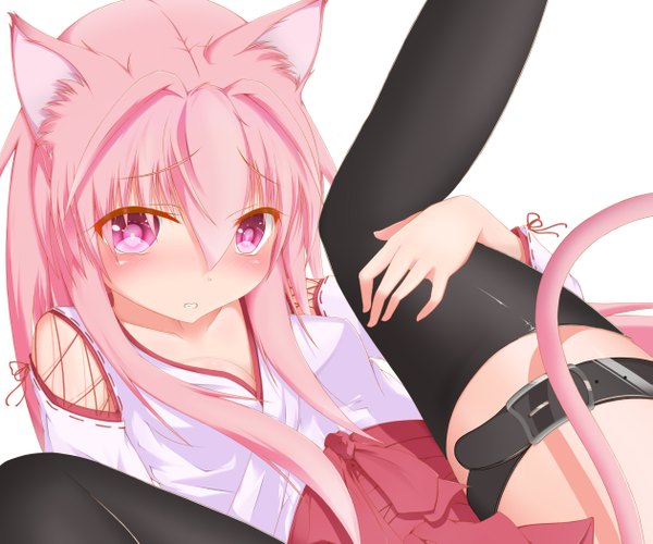 Anime picture 2517x2099 with original neguse2525 single long hair looking at viewer blush highres light erotic white background animal ears pink hair japanese clothes pink eyes cat ears cat girl cat tail legs girl thighhighs black thighhighs