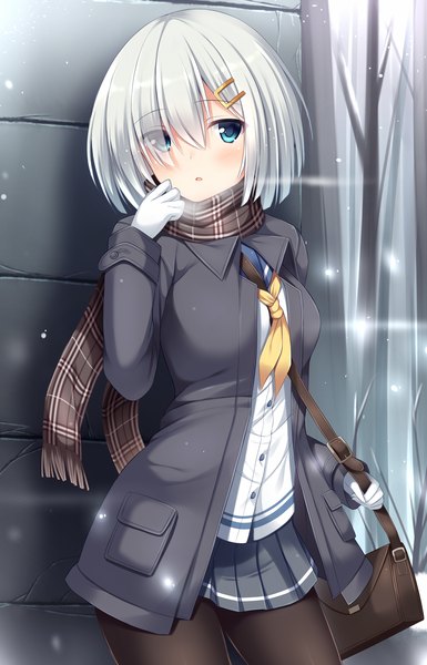 Anime picture 1263x1965 with kantai collection hamakaze destroyer tomoo (tomo) single tall image looking at viewer blush short hair blue eyes white hair girl skirt scarf bag sailor suit