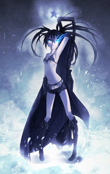Anime picture 1787x2800 with black rock shooter black rock shooter (character) takka (aegis9294) single long hair tall image highres blue eyes black hair twintails midriff glowing scar glowing eye (eyes) girl weapon shorts boots bikini top