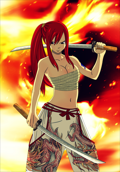 Anime picture 1657x2371 with fairy tail erza scarlet drago686 single long hair tall image light erotic holding ponytail red hair black eyes midriff tattoo coloring dual wielding girl navel weapon sword katana