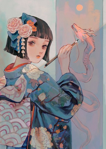 Anime picture 3998x5601 with original bedr2221 single tall image looking at viewer fringe highres short hair black hair standing brown eyes signed absurdres blunt bangs traditional clothes japanese clothes looking back twitter username floral print new year
