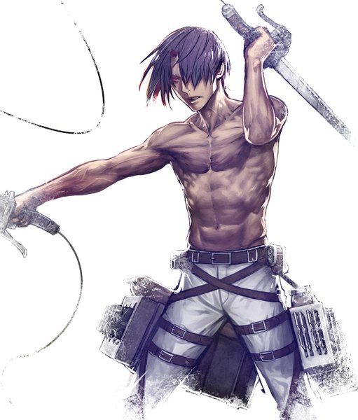 Anime picture 1125x1320 with shingeki no kyojin production i.g levi (rivaille) single tall image short hair simple background red eyes white background holding purple hair lips topless muscle dual wielding boy navel weapon belt pants
