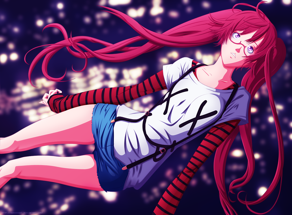 Anime picture 1356x1000 with air gear toei animation noyamano ringo zeroooart single long hair twintails red hair pink eyes coloring striped girl glasses shorts