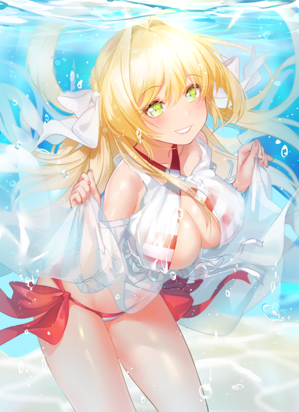 Anime picture 800x1100 with fate (series) fate/grand order nero claudius (fate) (all) nero claudius (swimsuit caster) (fate) mery (yangmalgage) single long hair tall image looking at viewer blush fringe breasts light erotic blonde hair smile hair between eyes large breasts green eyes payot nail polish