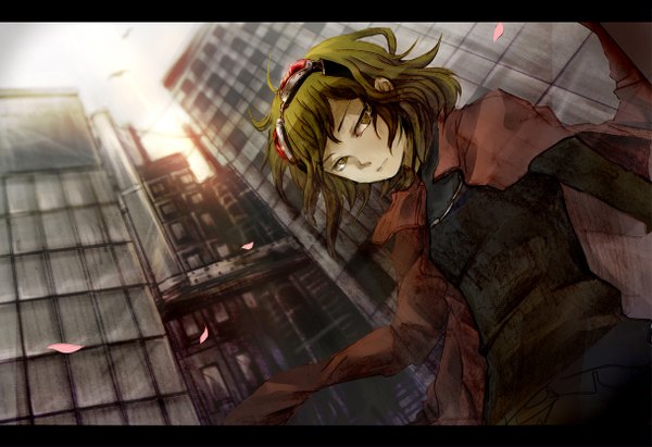 Anime picture 1218x836 with vocaloid gumi itou (artist) single fringe short hair green eyes looking away green hair from below alternate costume letterboxed goggles on head girl petals building (buildings) goggles