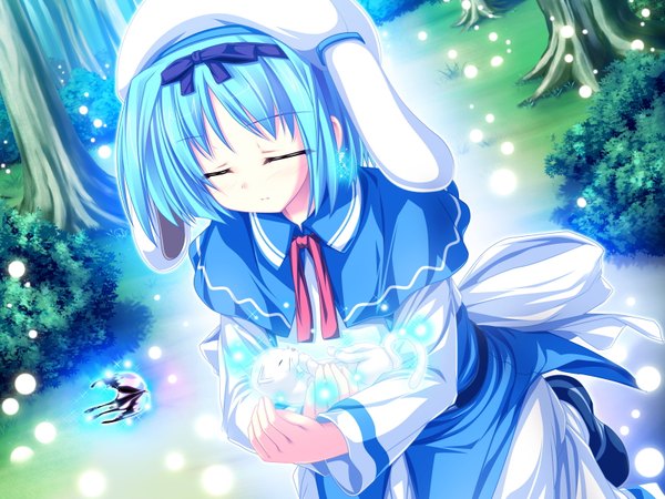 Anime picture 1600x1200 with magus tale whirlpool (studio) kujou yuuka tenmaso single blush short hair animal ears game cg eyes closed kneeling glowing girl ribbon (ribbons) plant (plants) hair ribbon animal tree (trees) insect butterfly