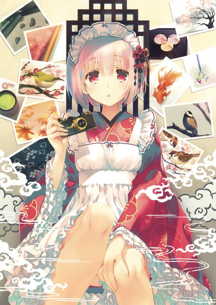 Anime picture 2123x3000 with original eshi 100-nin ten mitsumi misato single tall image looking at viewer fringe highres short hair open mouth hair between eyes red eyes sitting holding pink hair bent knee (knees) traditional clothes japanese clothes scan wide sleeves