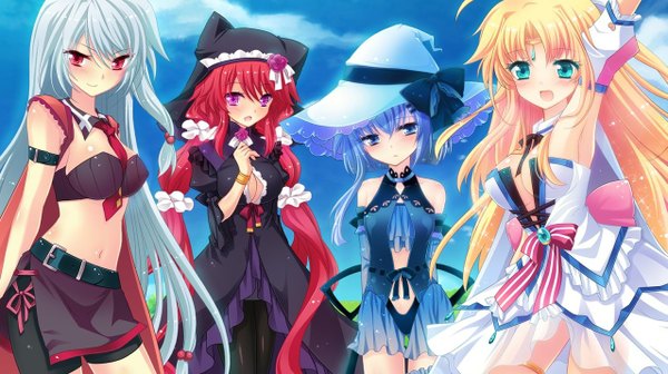 Anime picture 1277x716 with futsuno fantasy ichiyou moka long hair looking at viewer blush open mouth blonde hair red eyes wide image purple eyes multiple girls blue hair silver hair red hair girl dress bow hair bow witch hat 4 girls