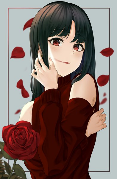 Anime picture 1364x2080 with original angdo (kakajo26) single long hair tall image looking at viewer blush fringe black hair simple background hair between eyes red eyes bare shoulders upper body fingernails grey background lipstick border portrait red lipstick