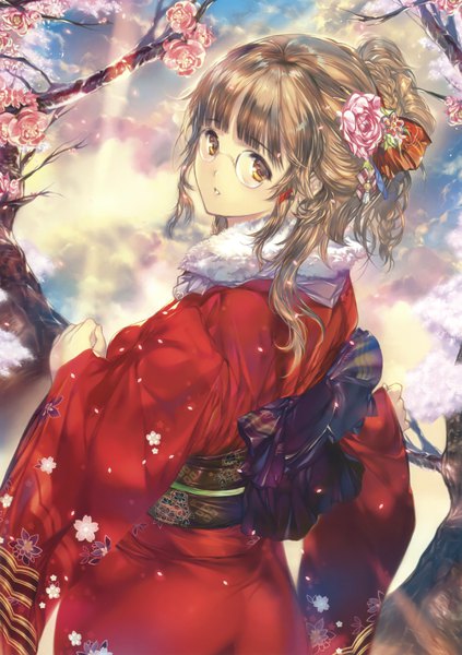 Anime-Bild 2116x3000 mit original eshi 100-nin ten min-naraken single long hair tall image looking at viewer fringe highres brown hair brown eyes payot sky cloud (clouds) outdoors ponytail blunt bangs traditional clothes parted lips japanese clothes