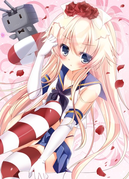 Anime picture 800x1108 with kantai collection shimakaze destroyer rensouhou-chan rinka (yuyutei) single long hair tall image looking at viewer blush blue eyes blonde hair hair flower girl thighhighs skirt gloves hair ornament flower (flowers) miniskirt petals