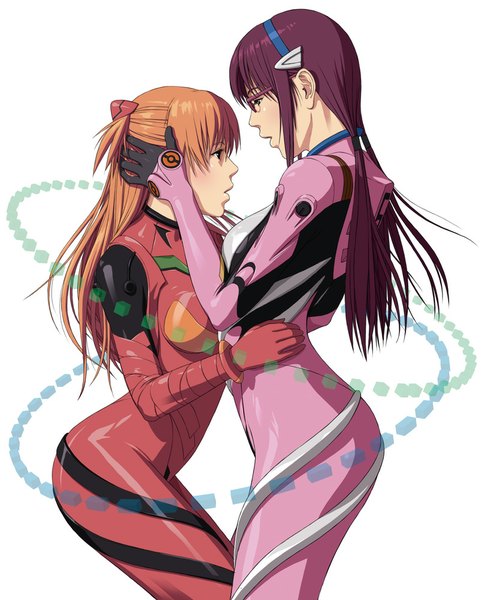 Anime picture 807x1000 with neon genesis evangelion gainax soryu asuka langley shikinami asuka langley makinami mari illustrious watanabe yasuaki long hair tall image open mouth blue eyes brown hair white background multiple girls purple hair profile shoujo ai girl hair ornament 2 girls glasses