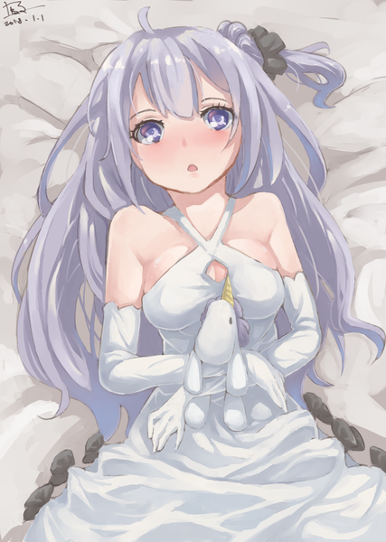 Anime picture 1500x2105 with azur lane unicorn (azur lane) nene (hong kong) single long hair tall image looking at viewer blush fringe breasts open mouth hair between eyes purple eyes bare shoulders holding signed cleavage purple hair ahoge lying