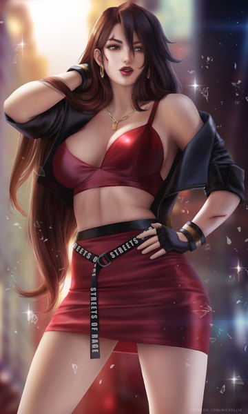 Anime picture 3900x6500 with bare knuckle bare knuckle iv blaze fielding wickellia single long hair tall image fringe highres breasts light erotic hair between eyes brown hair large breasts standing brown eyes looking away absurdres cleavage arm up