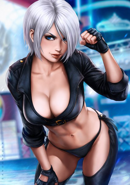 Anime picture 1000x1414 with the king of fighters snk angel (kof) dandon fuga single tall image looking at viewer blush fringe short hair breasts blue eyes light erotic standing signed cleavage silver hair light smile lips hair over one eye