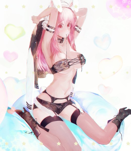 Anime picture 800x920 with nitroplus super sonico yaku (ziroken) single long hair tall image fringe breasts light erotic large breasts sitting bare shoulders animal ears pink hair pink eyes open clothes open jacket bare belly high heels bunny ears
