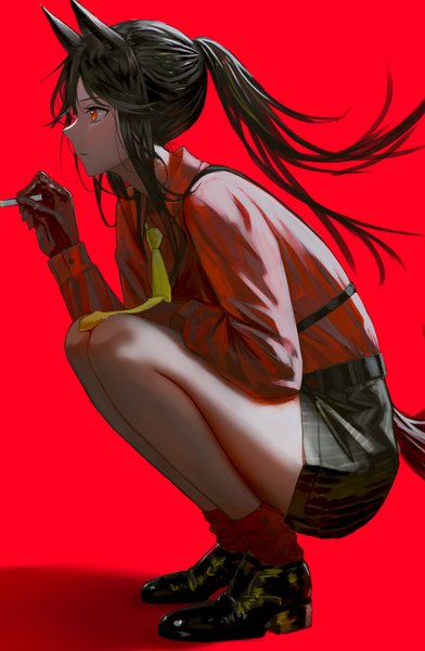 Anime picture 3242x4962 with arknights texas (arknights) texas (willpower) (arknights) ganet p single long hair tall image highres black hair simple background red eyes animal ears looking away absurdres ponytail tail animal tail profile official alternate costume squat