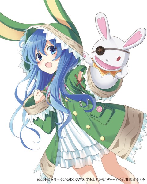 Anime picture 640x800 with date a live yoshino (date a live) yoshinon konoe (vis9191) single long hair tall image looking at viewer blush open mouth blue eyes white background blue hair girl dress hood toy stuffed animal stuffed toy stuffed rabbit