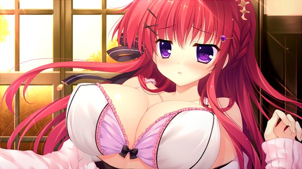 Anime picture 1280x720 with alia's carnival! ousaka asuha mitha long hair blush breasts light erotic wide image large breasts purple eyes pink hair game cg girl ribbon (ribbons) hair ribbon lingerie bra x hair ornament