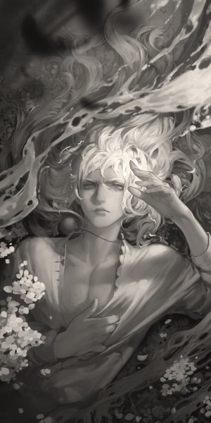 Anime picture 2480x4960 with berserk griffith hunsay single long hair tall image looking at viewer highres white hair lying from above on back grey eyes monochrome boy flower (flowers) plant (plants) petals blouse