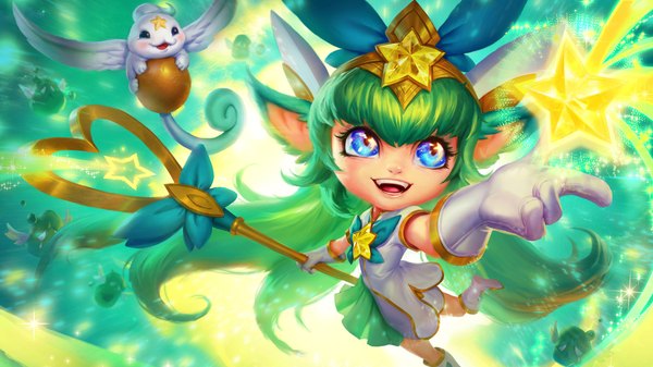 Anime picture 1920x1080 with league of legends lulu (league of legends) star guardian lulu single fringe highres open mouth blue eyes smile wide image holding looking away bent knee (knees) tail very long hair green hair official art teeth sparkle alternate costume
