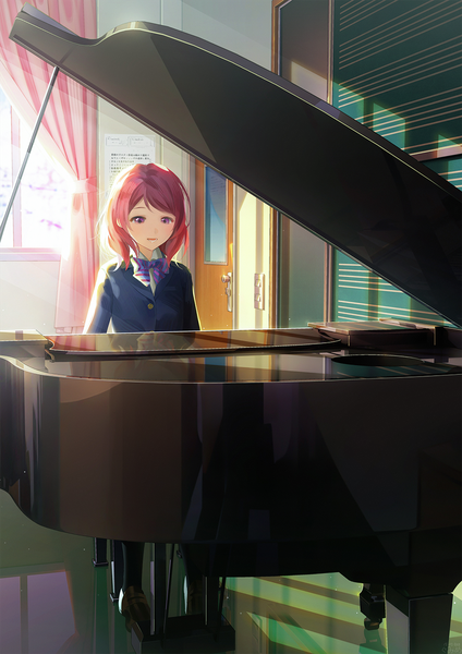 Anime picture 1000x1415 with love live! school idol project sunrise (studio) love live! nishikino maki gumimecv single tall image short hair open mouth sitting purple eyes red hair indoors sunlight looking down striped playing instrument music girl uniform