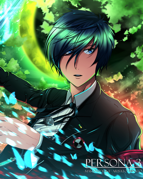 Anime picture 2800x3500 with persona 3 persona arisato minato dakota rochon single tall image fringe highres short hair blue eyes blue hair looking away sky cloud (clouds) parted lips blurry hair over one eye night copyright name character names