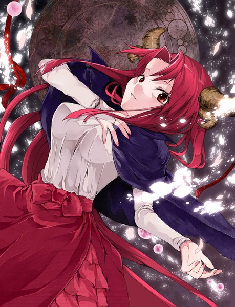 Anime picture 765x1000 with touhou shingyoku katayama kei single long hair tall image looking at viewer red eyes red hair horn (horns) outstretched arm hand on chest girl skirt cape