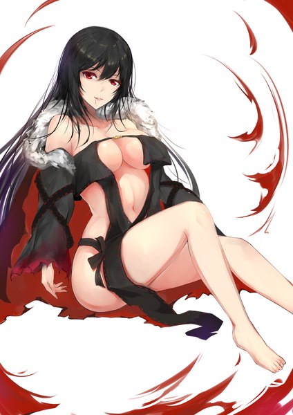 Anime picture 2480x3507 with fate (series) fate/grand order yu mei-ren (fate) zcheng weibing single long hair tall image looking at viewer fringe highres breasts open mouth light erotic black hair simple background hair between eyes red eyes large breasts white background sitting