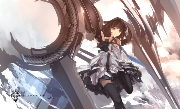Anime picture 2897x1763 with original pixiv fantasia pixiv fantasia fallen kings paradise (character) swd3e2 single looking at viewer highres short hair black hair red eyes wide image cloud (clouds) girl thighhighs dress gloves weapon black thighhighs fingerless gloves