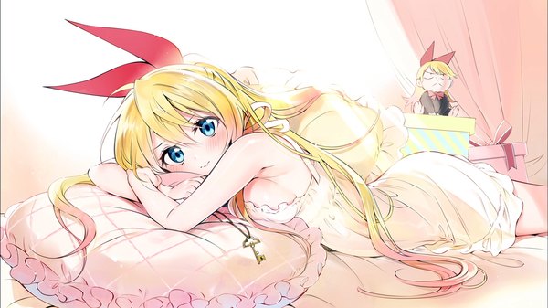 Anime picture 1920x1080 with nisekoi shaft (studio) kirisaki chitoge hanabana tsubomi single long hair looking at viewer blush fringe highres breasts blue eyes light erotic blonde hair wide image large breasts bare shoulders crossed arms end card girl