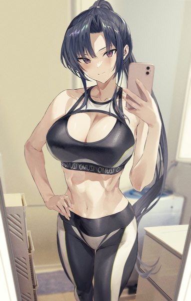 Anime picture 1597x2506 with original hiiragi yuuichi single long hair tall image looking at viewer fringe breasts light erotic black hair large breasts standing purple eyes bare shoulders holding payot ponytail indoors midriff hand on hip