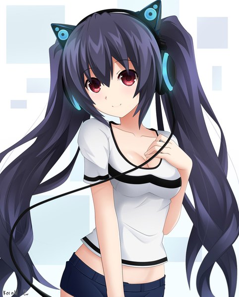 Anime picture 884x1100 with choujigen game neptune axent wear headphones noire keenh single long hair tall image blush fringe breasts black hair smile hair between eyes red eyes twintails signed animal ears payot cat ears girl