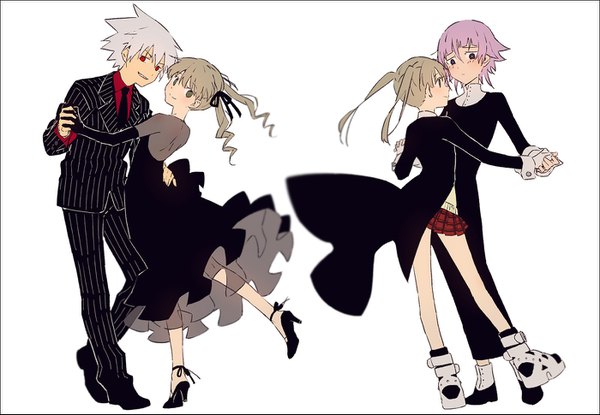 Anime picture 1400x969 with soul eater studio bones maka albarn soul eater evans chrona (soul eater) hakusai (tiahszld) long hair looking at viewer fringe short hair blonde hair simple background smile hair between eyes red eyes standing twintails pink hair white hair alternate costume