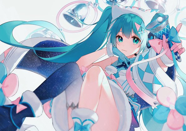 Anime picture 1024x724 with vocaloid magical mirai (vocaloid) hatsune miku magical mirai miku magical mirai miku (2020 winter) heridy single looking at viewer sitting twintails very long hair aqua eyes aqua hair sleeveless victory girl thighhighs gloves hairclip bell