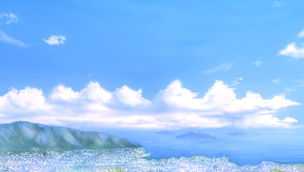 Anime picture 1022x578 with original amazu wide image sky cloud (clouds) cityscape mountain landscape scenic sea